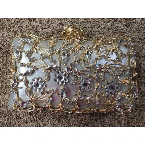 Gold Floral Crystal Metallic Top Handle Clutch Detachable Strap Women - Picture 6 of 7